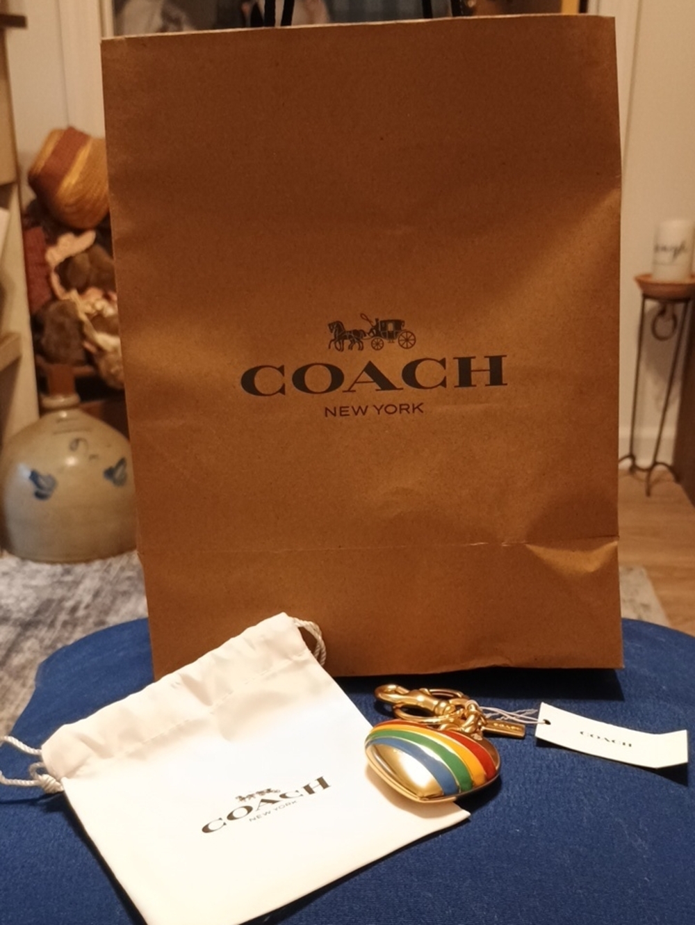 Coach Multicolor Enamel Heart Keychain with Gold Hardware